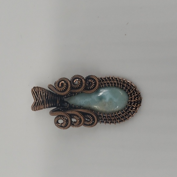 764- Larimar Natural Stone Wire Wrapped Pendant Necklace Handmade NWT - Picture 1 of 7